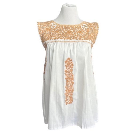 Mi Golondrina Tops - Mi Golondrina Flores Blouse Embroidered White Gold Beige Women’s Small